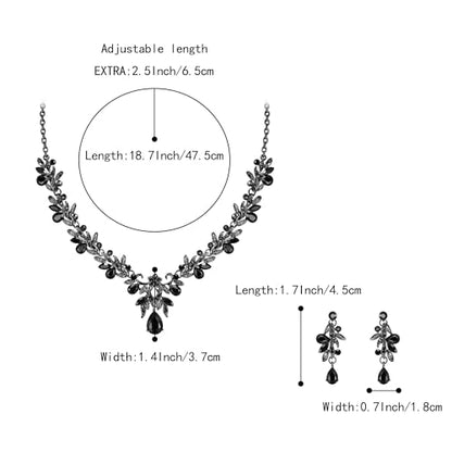 Women's Wedding Jewelry Set Leaf Flower for Bridal Prom Party | Stunning Crystal Teardrop Marquise Cluster Pendant Necklace Dangle Earrings Set for Bride Bridesmaid - color: Black Black-Tone