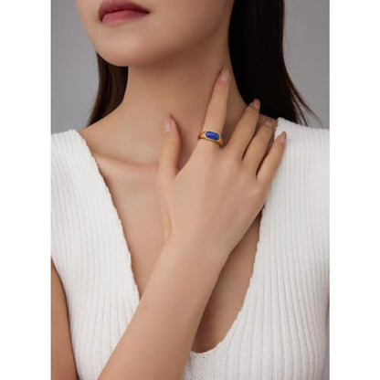 MYNENEY Signet Mens Pinky Rings Statement Wedding for Women - color: Blue stone-Gold