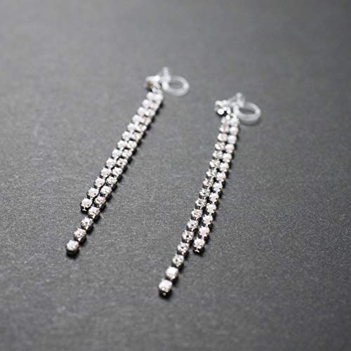 Dangle Silver Invisible Clip On Earrings for Women Not Pierced Gold Crystal Rhinestone Comfortable Hoop Fringe Long Chain Clip On Earrings - color: Pearl & Crystal