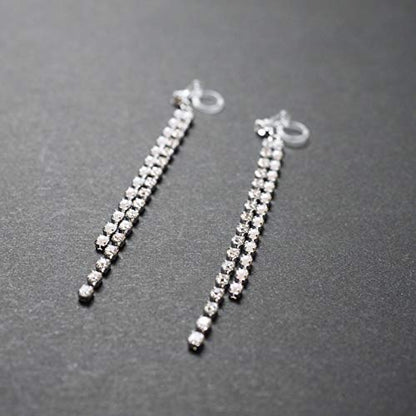 Dangle Silver Invisible Clip On Earrings for Women Not Pierced Gold Crystal Rhinestone Comfortable Hoop Fringe Long Chain Clip On Earrings - color: Pearl & Crystal