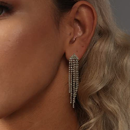 Luxval Rhinestone Earrings Dangling for Women Sparkly Silver Dangle Earrings Girls Long Chandelier Earrings Tassel Lightweight Ear Studs Cubic Zirconia Crystal Statement - color: Silver-Triangle Tassel Crystal