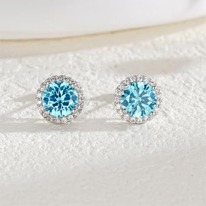 YOMELA Round Cubic Zirconia Stud Earrings for Women | Everyday Dainty, Diamond-Like Brilliance, CZ Halo Birthstone Studs, Hypoallergenic & Lightweight, Elegant & Versatile - color: Aquamarine