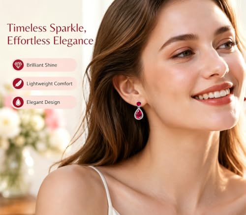 Drop Dangle Earrings Teardrop Gemstone Waterdrop White Gold Plated Crystal Hanging Cubic Zirconia Ruby Sapphire Emerald Jewelry Gift for Women Mother Wife - color: Red