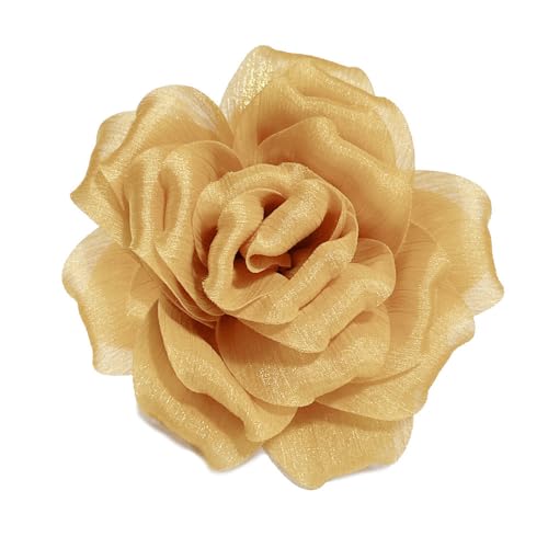 Flash Camellia Flower Brooch Pin for Women Men Elegant Texture Fabric Dahlia Rose Floral Brooches Lapel Pins Dainty Wedding Holiday Party Costume Dress Accessories Jewelry - color: Gold-Tone