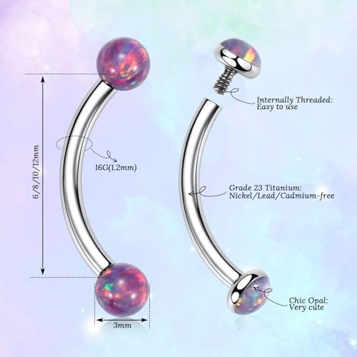 G23 Titanium Eyebrow Piercing Jewelry Eyebrow Rings Curved Barbell 16G Eyebrow Belly Button Ring Navel Rings Rook Daith Earrings Lip Ring Eyebrow Jewelry 6mm-12mm - color: 2PCS,Ball Shape Purple Opal+Disc Shape Purple Opal,Silver