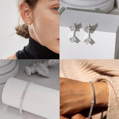 Luxval Tennis Necklace Set for Women Tennis Bracelets Diamond Earrings Sterling Silver Necklace Wedding Jewelry for Bride Silver Jewelry Sets for Women Gift - color: Silver-CZ 3pcs
