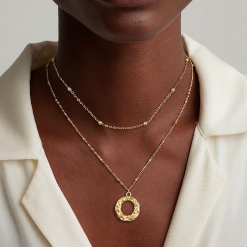 14K Gold/Silver Plated Dainty Snake Chain Layered Necklace for Women | Irregular Oval Pendant Minimalist Dainty Statement Gold Layering Everyday Jewelry - color: Gold - Hammered