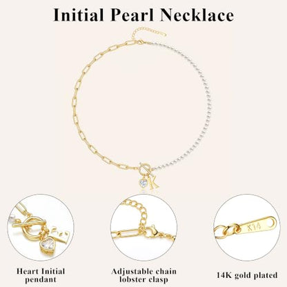 Initial Pearl Necklace for Women, 14K Gold Plated Paperclip Chain | Toggle Clasp, Heart CZ Initial Necklace,Gold Necklace for Women,Bridesmaid Wedding Gifts Jewelry - color: Gold-B