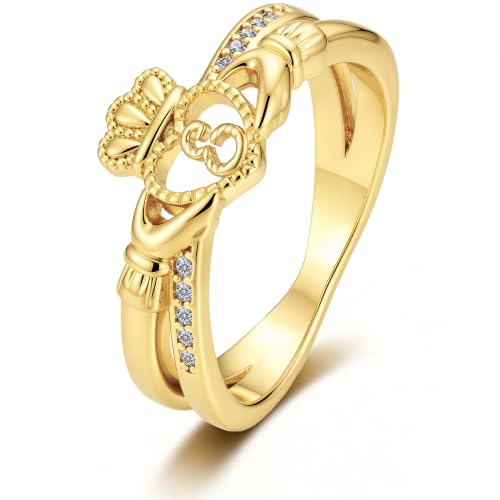 Gold Initial Crown Rings for Women Non Tarnish 14K Gold Plated Vintage Heart Thumb Rings Personalized Carved Anniversary Valentine's Day Gifts - color: Gold-E