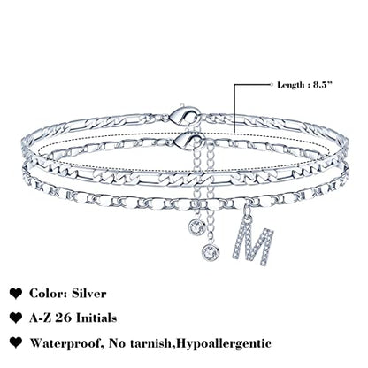 Ursteel Ankle Bracelets for Women, 14K-Gold-Plated Dainty Layered Chain CZ Initial Anklets Set Summer Jewelry Gifts for Women - style: M-Silver-Plated