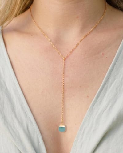 Lariat Necklace for Women Dainty Gold Long Crystal Drop Y-Shaped Necklace | 14k Gold Plated Crystal Drop Necklace Trendy Non Tarnish Simple Gold Jewelry For Wedding, Prom, Daily - color: Emerald