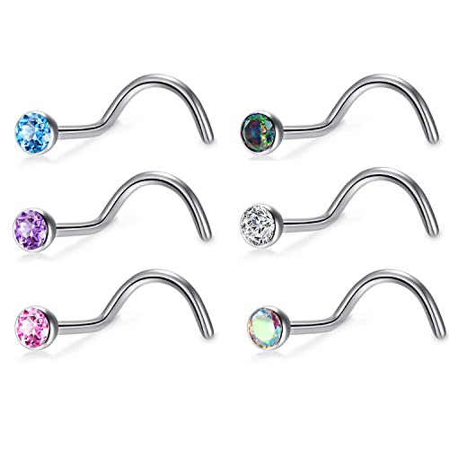 BelezaDosas 6pcs G23 Titanium Nose Studs 18G 20G Screw Nose Ring Press Fit 2mm 2.5mm 3mm Piercing Jewelry for Sensitive Skin - style: 20G 2.5mm CZ 6PCS