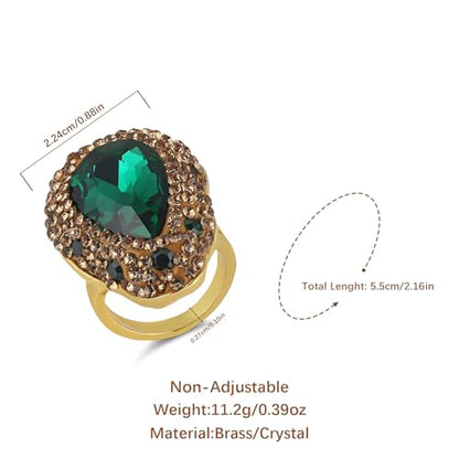 HZMAN Natural Stone Statement Ring for Women, Crystal Paved Bold Cocktail Ring, Adjustable Gold Tone Fashion Jewelry - color: Teardrop Emerald Cut Green