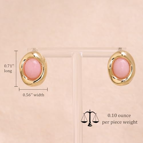 Jean Beau Chunky Gold Stone Stud Earrings for Women, Trendy Natural Gemstone Hypoallergenic Earing Valentine Jewelry Gift - color: Rose Quartz