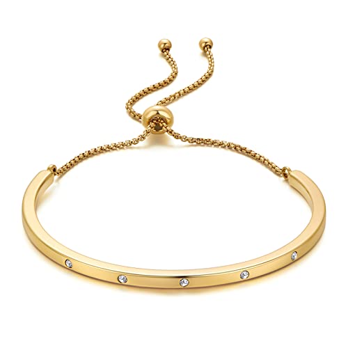 14K Gold Bracelets for Women Adjustable Slider Bracelet Bangle Bracelets for Women Trendy Chain Bracelet - color: Gold CZ Bar
