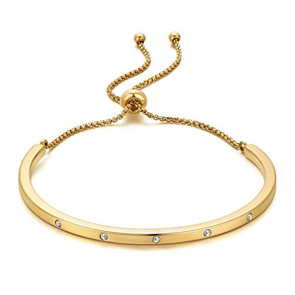 14K Gold Bracelets for Women Adjustable Slider Bracelet Bangle Bracelets for Women Trendy Chain Bracelet - color: Gold CZ Bar