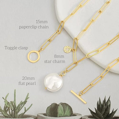 18k Gold Plated Chain Link Necklace for Women, Baroque Pearl/Compass Pendant Necklace - color: Coin Pearl