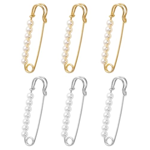 6 PCS Pearl Brooch Pin for Women Decorative Safety Pins, Faux Pearl Safety Pins for Clothes Pants Clips to Tighten Waist, Large Extender Decorative Pin for Shawl Sweater Dress Hat Pants Wedding