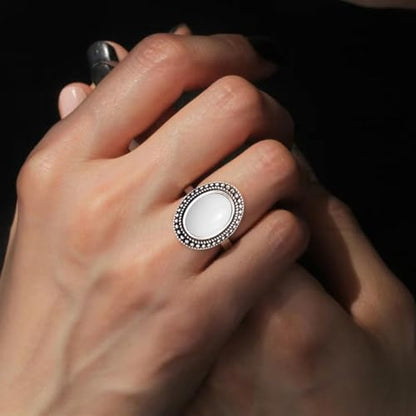 Natural Oval Stone Boho Ring,Retro Antique S925 Sterling Silver Crystal Quartz Gemstone Bohemian Statement Handmade Ring Jewelry for Women Her - color: B10_White Jade