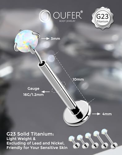OUFER 2PCS 16G/20G Nose Lip Studs, G23 Solid Titanium Threadless Push in Nose Nostril Lip Labret Medusa Monroe Helix Cartilage Tragus Conch Lobe Piercing Jewelry for Women Men - color: Silver bar, Claw Opal, size: 2pcs, 16g 10mm, 3mm Opal