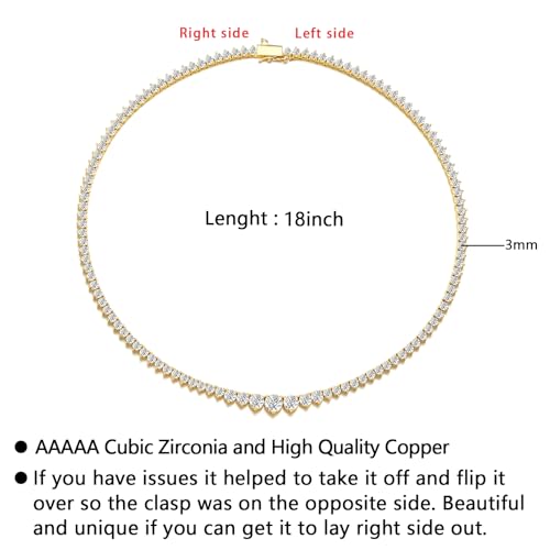 BREN 3 Prong Graduated Tennis Necklaces for Women Men, 18K White/Yellow Gold Plated 16/18 inches Round Cubic Zirconia Dainty Chain Wedding Jewelry Gift - color: Gold, size: 18 inch