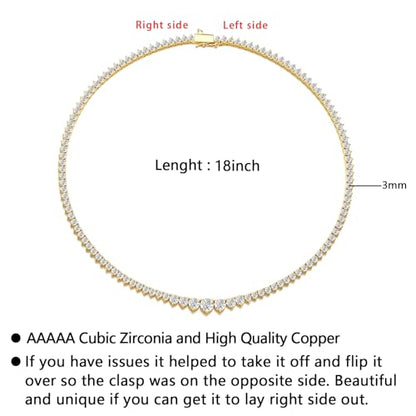BREN 3 Prong Graduated Tennis Necklaces for Women Men, 18K White/Yellow Gold Plated 16/18 inches Round Cubic Zirconia Dainty Chain Wedding Jewelry Gift - color: Gold, size: 18 inch