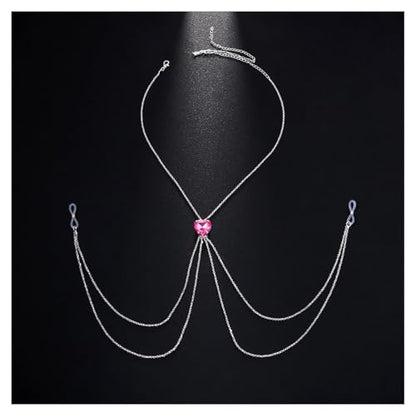 Crystal Heart Non Piercing Nipple Chain Layered Tassel Chest Chain Jewelry Festival Nipple Accessory Jewelry for Women - color: Pink