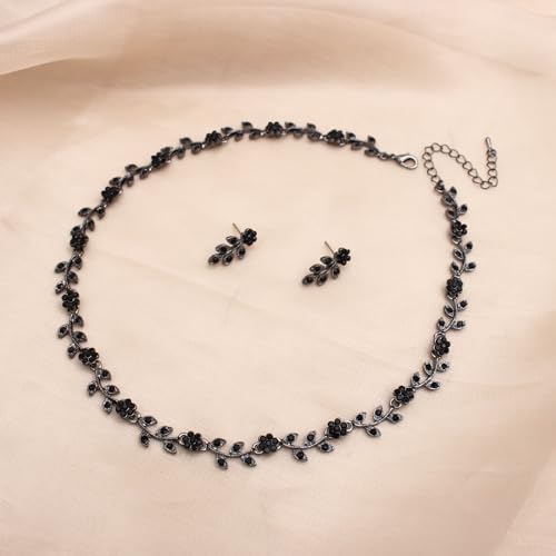 Austrian Crystal Rhinestone Choker Necklace Dangle Earring Link Bracelet Jewelry Set for Brides Bridesmaid Prom Costume Accessories for Women - color: Black-Gunmetal