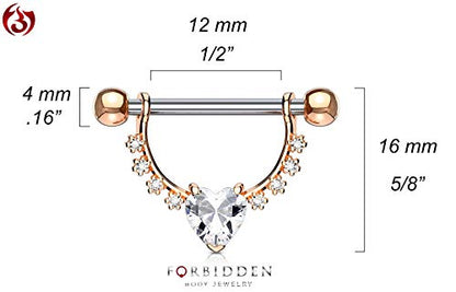 Forbidden Body Jewelry Pair of Surgical Steel 1/2 Inch (12mm) D-Ring Style CZ Heart Dangle Nipple Barbells - color: Clear (Rose Gold Tone)