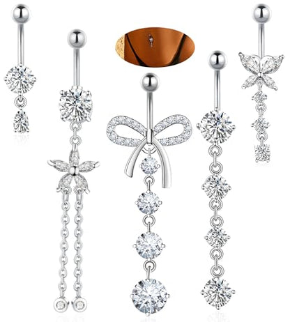 BSJ4U Belly Button Rings Gold Plated Silver Pink Clear CZ Belly Rings for Women Heart Bow Flower Butterfly Teardrop Dangle Navel Belly Button Piercing Jewelry - color: Silver Clear Dangle Belly Button Rings