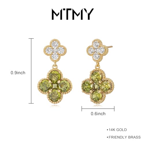 MTMY Dangle Earrings for Women 14K Gold Plated Four Leaf Clover Dangling Drop Birthstone Stud Earrings Trendy Flower Birthstone Jewelry Birthday Gifts - style: Aug.-Peridot