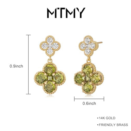 MTMY Dangle Earrings for Women 14K Gold Plated Four Leaf Clover Dangling Drop Birthstone Stud Earrings Trendy Flower Birthstone Jewelry Birthday Gifts - style: Aug.-Peridot