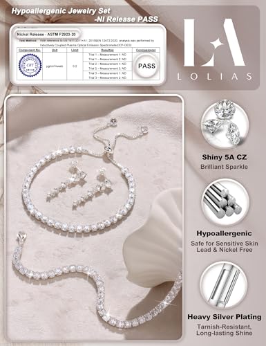 LOLIAS Silver Jewelry Set for Women Tennis Necklace Bracelet Hypoallergenic | Wedding Jewelry Sets for Brides Bridemaid,Costume Party Prom Accessories,Chockers Necklace CZ Tennis Bracelet Earrings Studs - style: Tennis Necklaces Bracelet+Dangle Earrings