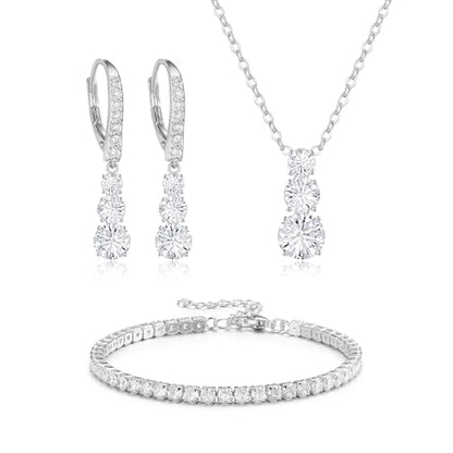 Crysdue Cubic Zirconia Jewelry Set for Women Bridesmaid, Classic Round Cut Drop Lightweight Lever Back Earrings Pendant Necklace Tennis Bracelet for Wedding Prom Party - style: 3pcs Silver