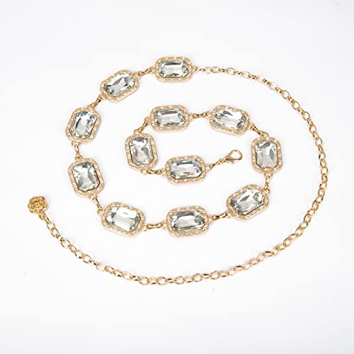 ILuvatar Green Glass Diamond Chain Belt - Metal Women's Western Style Dress Belt - color: Gold-s-white