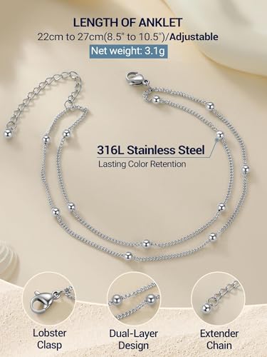 PROSTEEL Anklets for Women Waterproof, Silver/Gold/Black, Stainless Steel | Layered Anklets, Stainless Steel, Durable& No Tarnish, Summer Beach Jewelry, with Gift Box, 8-10.5" Adjustable, Plus Size - color: Silver, size: Layer Ball Station