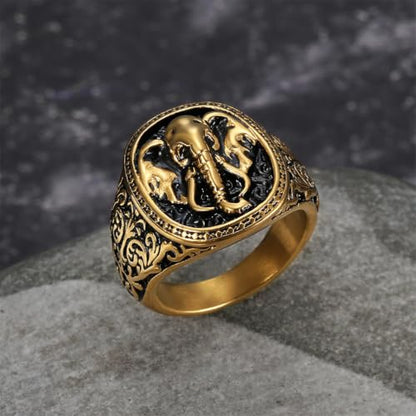 Men's Silver Gold Elephant Head Ring Stainless Steel Biker Band | Religious Engraved Chunky Signet Band for Men, Elephant Animal Lucky Ring, Retro Amulet Jewelry Gift for Him - color: Gold
