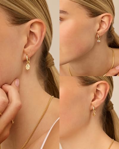 PAVOI 14K Gold Plated Mix & Match Charms Dainty Huggie Earrings for Women | Hypoallergenic Earrings with 925 Sterling Silver Posts, Huggie Hoop Earrings with Motif Dangle Charms Pack - style: Evil Eye