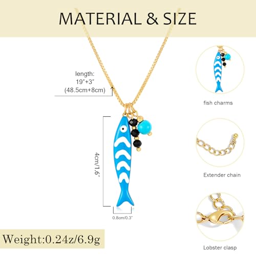 YUJIE Dainty Fish Pendant Necklace for Women 14k Gold Plated Ocean Fish Charm Necklace Summer - color: blue fish