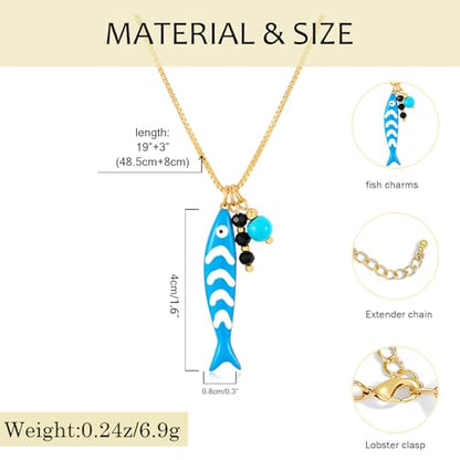 YUJIE Dainty Fish Pendant Necklace for Women 14k Gold Plated Ocean Fish Charm Necklace Summer - color: blue fish