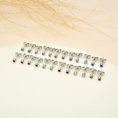 12 Pairs Surgical Stainless Steel Cubic Zirconia Birthstone Stud Earrings Heart Star Round Multicolors Stud Earrings Set for Women - style: Silver round 4mm