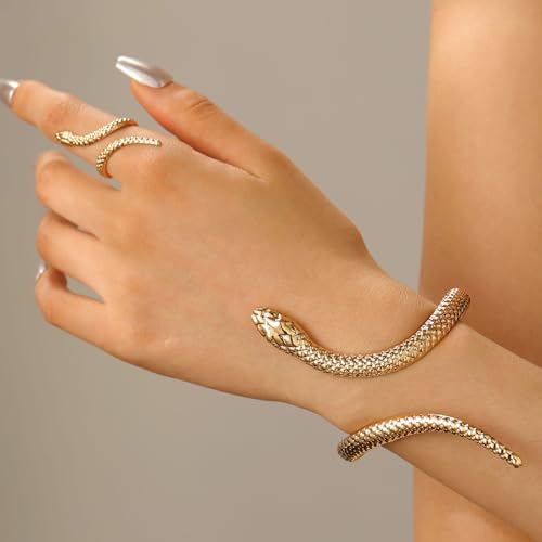 Gold/Silver Snakes Jewelry for Women Goth Snake Bracelet Ring Set Open Adjustable Snake Ring Halloween Prom Jewelry Costume Accessories Emo Accessories - color: Gold