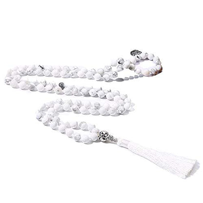 108 Mala Beads Necklace Semi-Precious Gem Stones Meditation Necklace 108 Hand Knotted Japa Mala Beaded Tassel Necklace with Tree of Life Pendant - color: Natural White Howlite