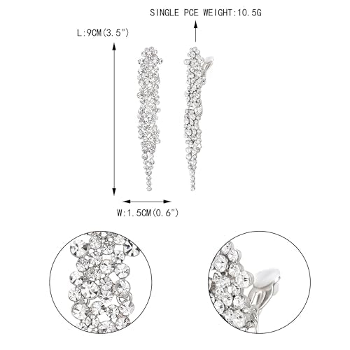 EVER FAITH Rhinestone Crystal Art Deco Statement Clip-on Earring, Wedding Prom Long Chandelier Dangle Earrings for Women - color: Clear Silver-Tone