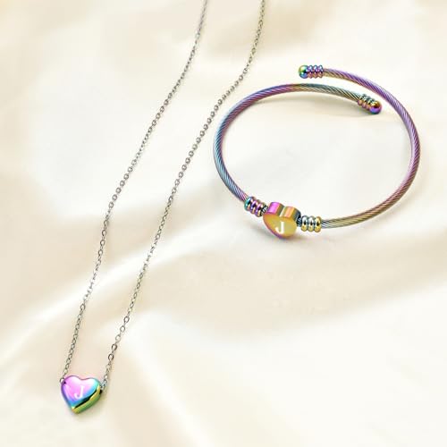 MYNENEY Necklace and Bracelet for Women Stainless Steel Initial Jewelry Set - color: Rainbow-J