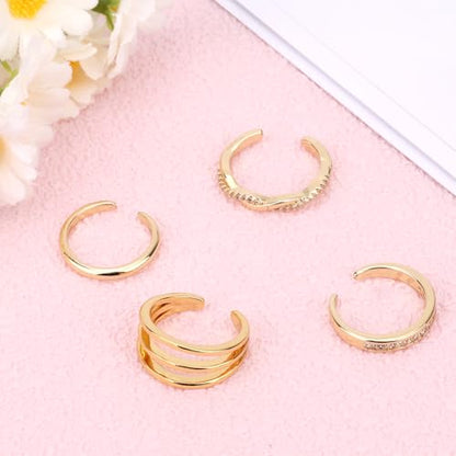 Mikovivi 4pcs Adjustable Toe Rings for Women, Open Toe Rings Set Simple CZ Triple Twist Crystal Band Elegant Summer Beach Foot Jewelry - color: Gold