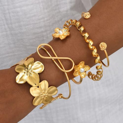 Golden Stackable Bracelets Set for Women Trendy Multi Layer Adjustable Chunk Flower Cuff Bracelet Geometric Irregular Wave Statement Bangle Glamour Stacking Cuff Jewelry - color: Gold-B
