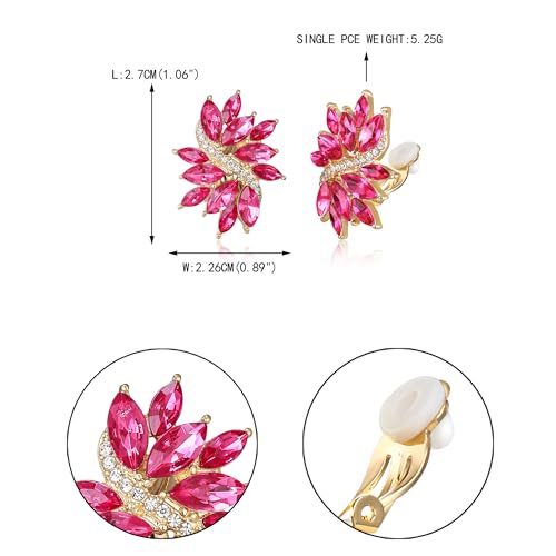 EVER FAITH Sparkly Rhinestone Clip-on Earrings for Women Bride, Fashion Marquise Crystal Cluster Wedding Bridal Stud Earring for Prom Formal Party - color: Hot Pink Gold-Tone