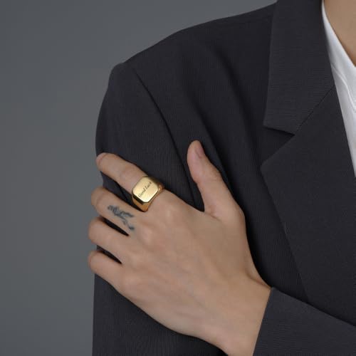 Stainless Steel Square Signet Rings for Men Women Gold/Silver Plain Pinky Thumb Ring, Gift for Dad Husband - color: Square Gold-Custom