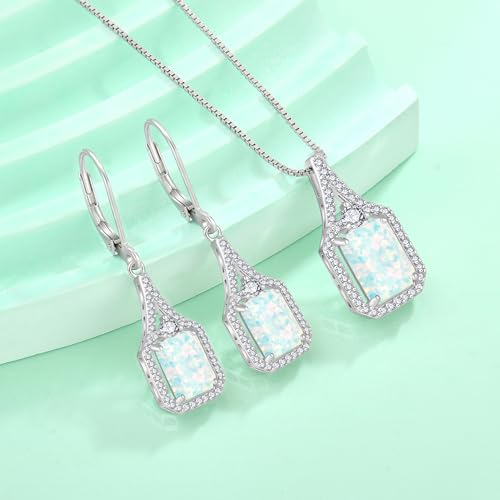 Created Gemstone Necklace 925 Sterling Silver Halo Rectangular Pendant Birthstone Necklaces Jewelry Gifts for Women - color: 10 October - White Opal